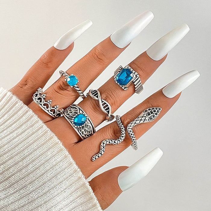 Punk Style Gemstone Snake Ring Set - 6pcs Geometric Versatile Rings