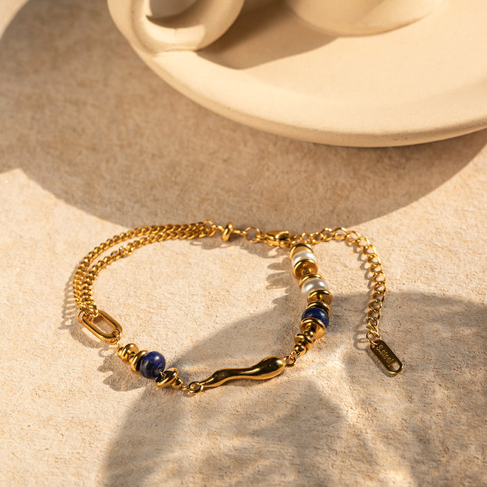 18K Gold Plated Stainless Steel Pearl and Lapis Lazuli Teardrop Bracelet - Trendy Fashion Jewelry