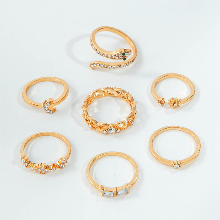 Star & Moon Diamond Snake Geometric Cut-Out Ring Set – Creative Vintage Joint Rings, 7-Piece Collection