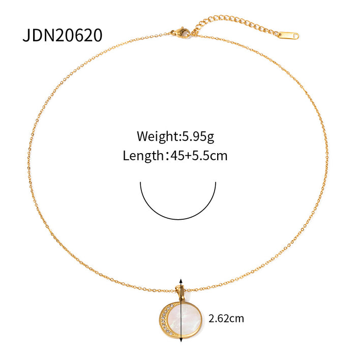 18K Gold-Plated Stainless Steel Necklace - Shell and Zircon Sun and Moon Pendant for Women