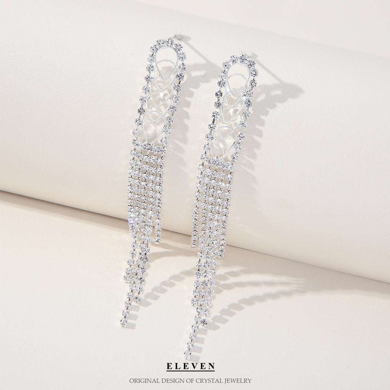 Geometric alloy diamond and rhinestone long tassel earrings