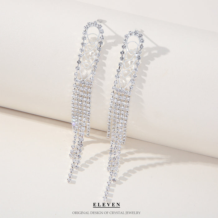 Geometric Rhinestone Tassel Earrings - Exaggerated Long Dangles for Evening Wear