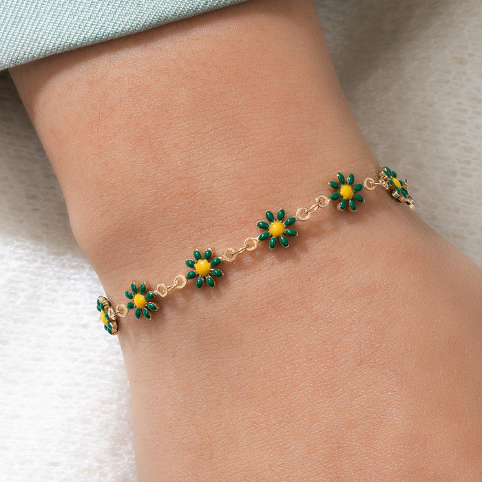 Fresh Flower Enamel Bracelet and Necklace Set - Daisy Chain Jewelry for Women