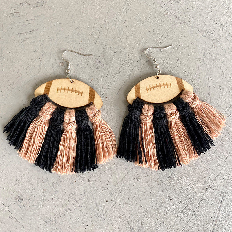 American Football Cheerleader Themed Woven Tassel Wooden Earrings for a Unique Stylish Look