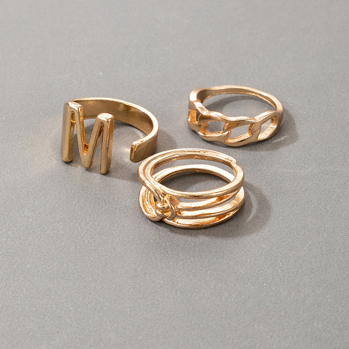 Simple letter M ring set, alloy hollow punk style three-piece set