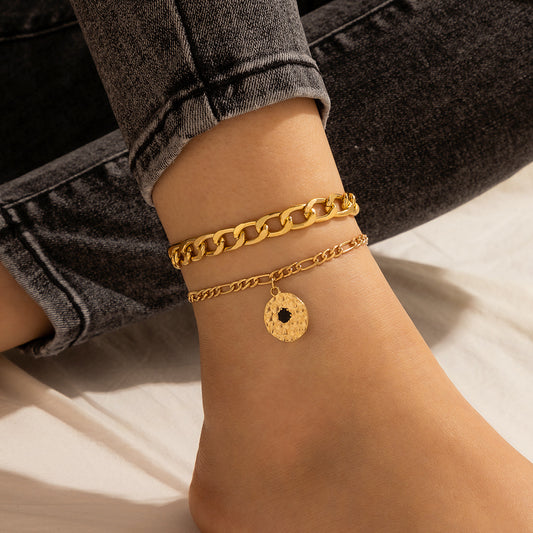 Black Enamel Double Layer Anklet with Geometric Multi-Layer Chain