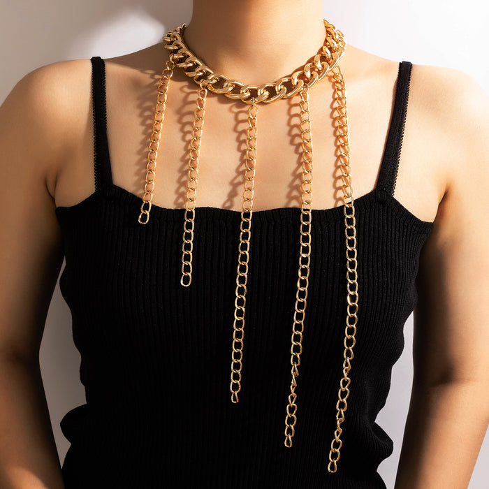 Exaggerated Heavy Metal Necklace with Alloy Tassel Chains and Geometric Single Layer Clavicle Design