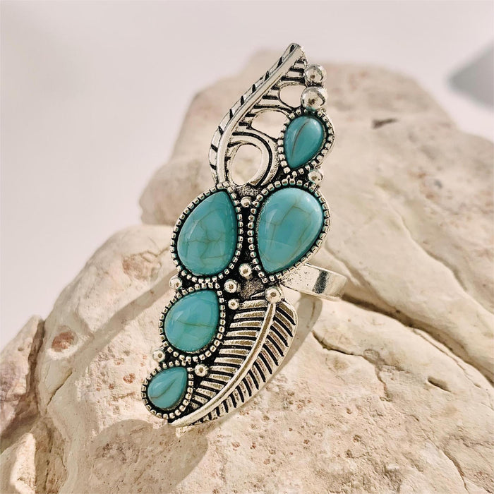 Bohemian Turquoise Feather Single Ring – Trendy Vintage Unique Design Band