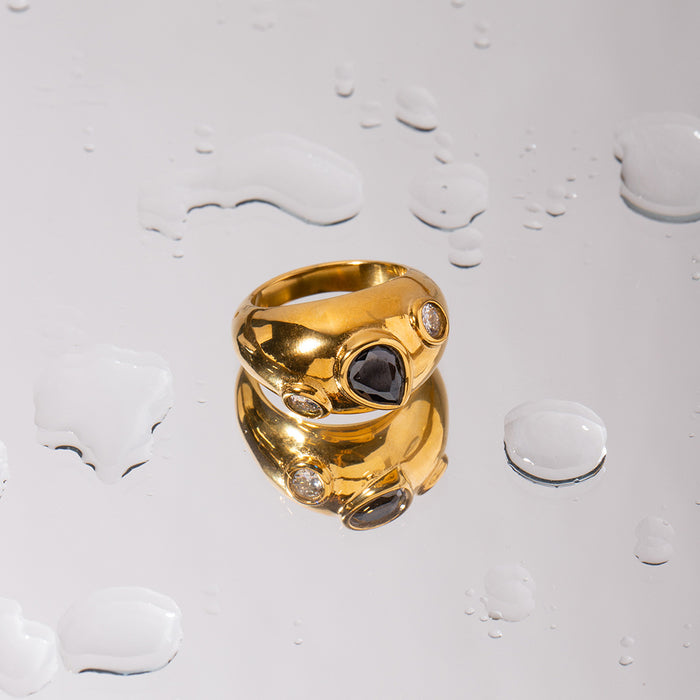 Black Diamond Retro Water Drop Ring with 18K Gold and Zircon Inlay