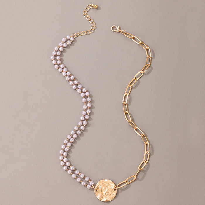 Asymmetric Pearl Chain with Unique Round Disc Single Layer Trendy Clavicle Necklace