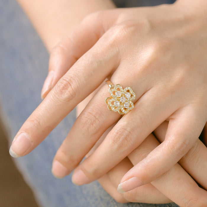 Wholesale micro-painted zircon and pearl four-leaf clover rotating open ring