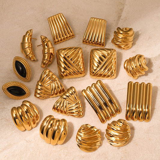 18K Gold Plated Stainless Steel Wave Pattern Stud Earrings - High-End Design Tarnish-Resistant Jewelry