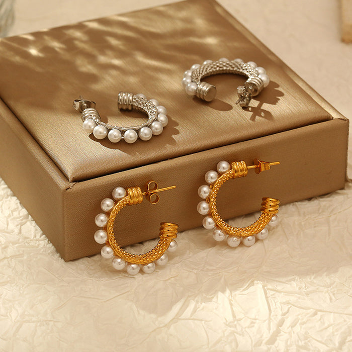 Pearl-studded French stainless steel earrings