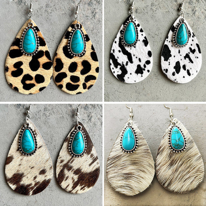 Western Animal Print Cowhide Teardrop Earrings with Turquoise and Metal Accents