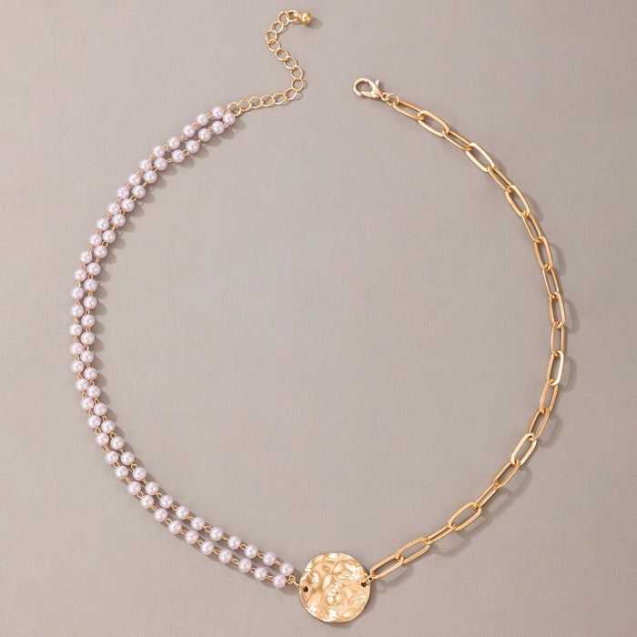 Asymmetric Pearl Chain with Unique Round Disc Single Layer Trendy Clavicle Necklace