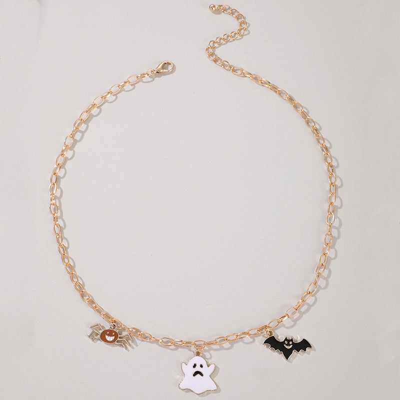 Halloween Ghost and Pumpkin Pendant Necklace - Festive Single-Layer Chain