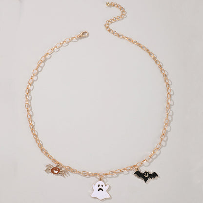 Halloween Ghost and Pumpkin Pendant Necklace - Festive Single-Layer Chain