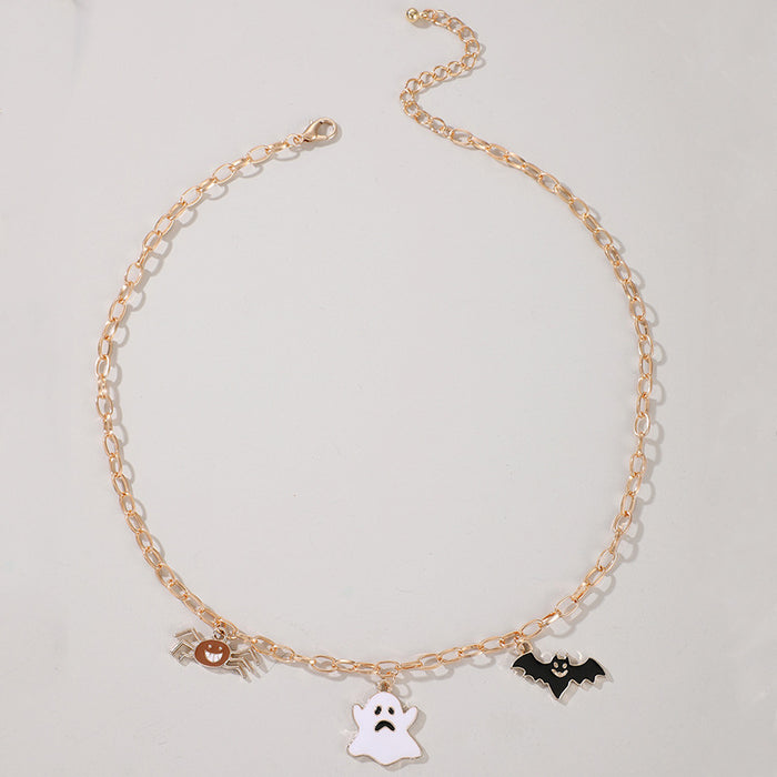 Halloween Ghost and Pumpkin Pendant Necklace - Festive Single-Layer Chain