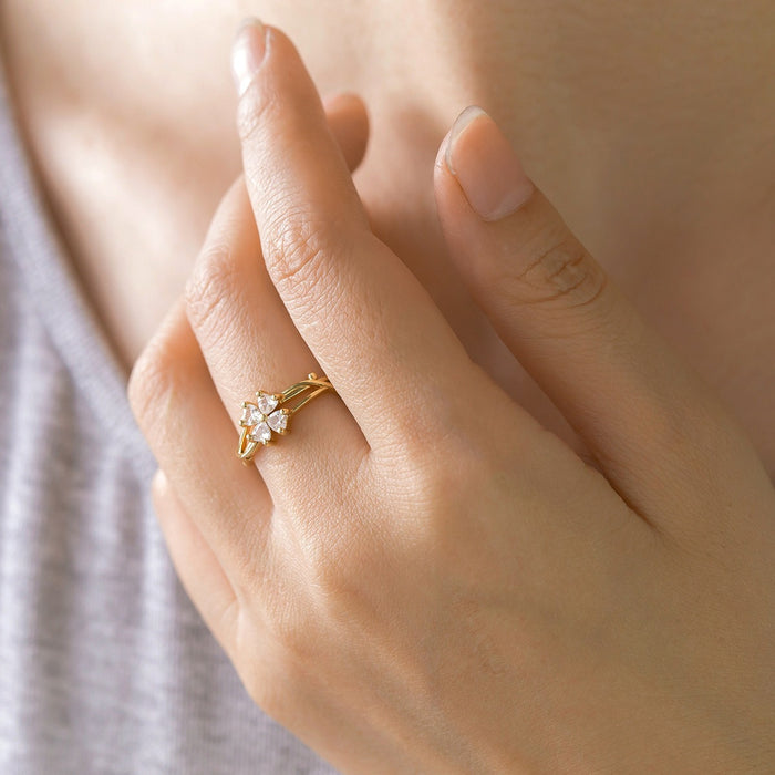 Wholesale zircon heart-shaped four-leaf clover open ring