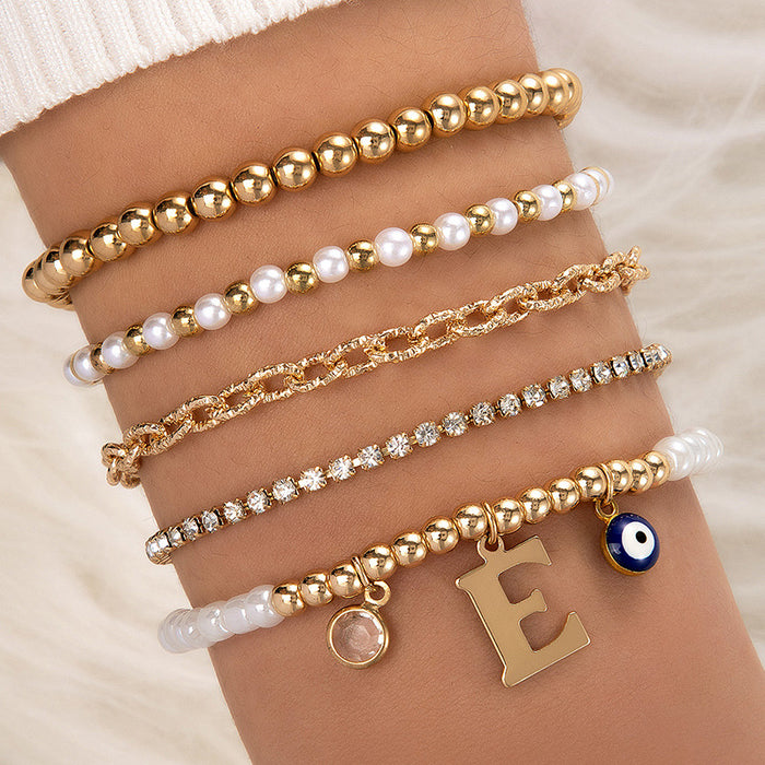 Rhinestone and Pearl Beaded Bracelet Set - Five-Layer Handmade Eye Bead Bracelet for Women