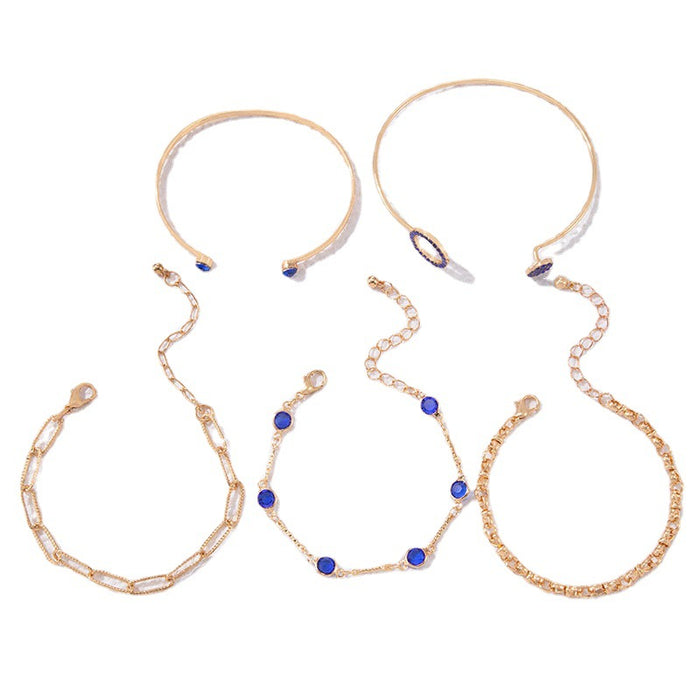 Blue Circle Gemstone Chain Bracelet Set - Five-Piece Geometric Bangle Set for Women