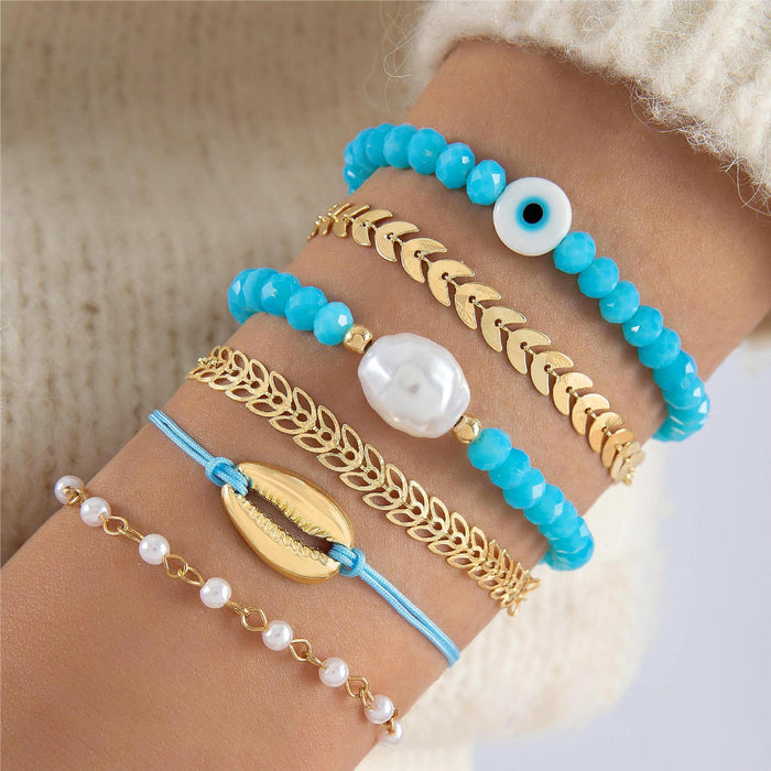 Blue Beaded Shell Bracelet Set with Evil Eye - Six Pieces