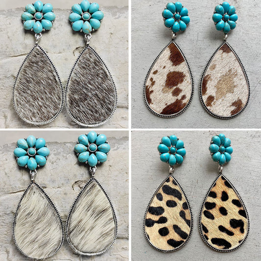 Western Animal Print Leather Earrings with Bohemian Style and Turquoise Pumpkin Flower Design