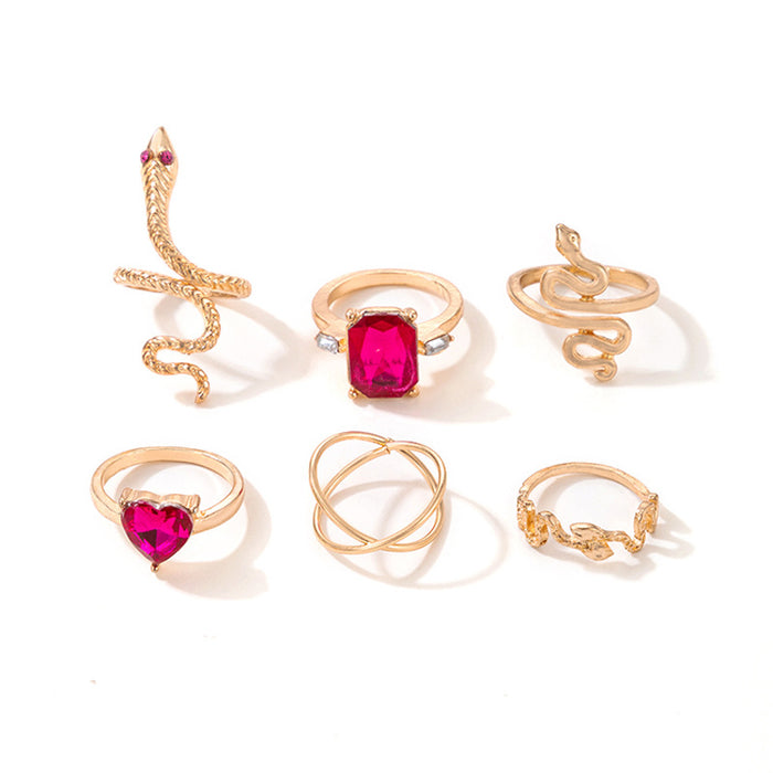 Ruby Snake and Heart Ring Set - 6-Piece Gemstone Rings for Women