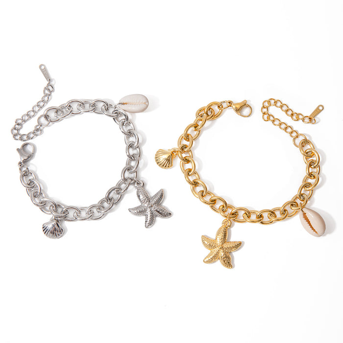 18K Gold Plated Stainless Steel Starfish, Shell, and Conch Bracelet - 2024 Summer Ocean Series Jewelry