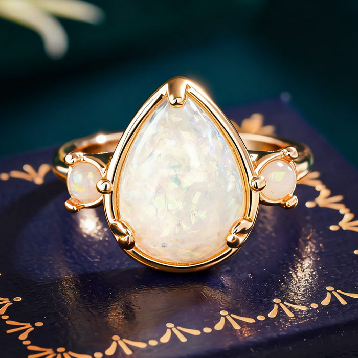 Women's teardrop imitation opal minimalist ring