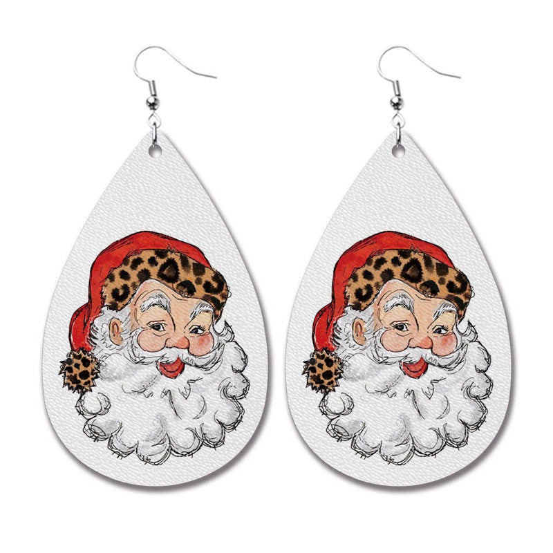 Christmas PU Leather Earrings with Plaid, Reindeer, and Santa Teardrop Design