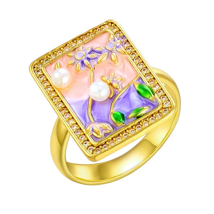 Wholesale copper micro-inlaid enamel painted drip flower open ring