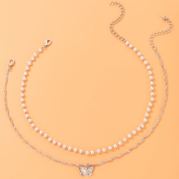 Simple Pearl Butterfly Pendant Multi-Layer Necklace - Geometric Double Layer