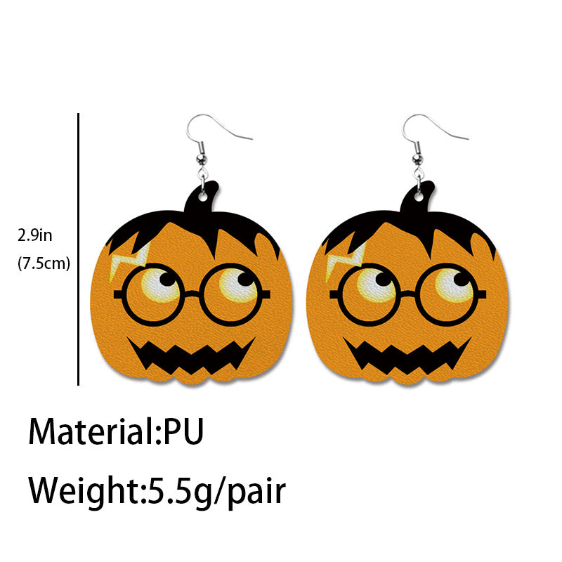 Creative Halloween PU Leather Earrings with Pumpkin and Bat Design - wallojewerly 