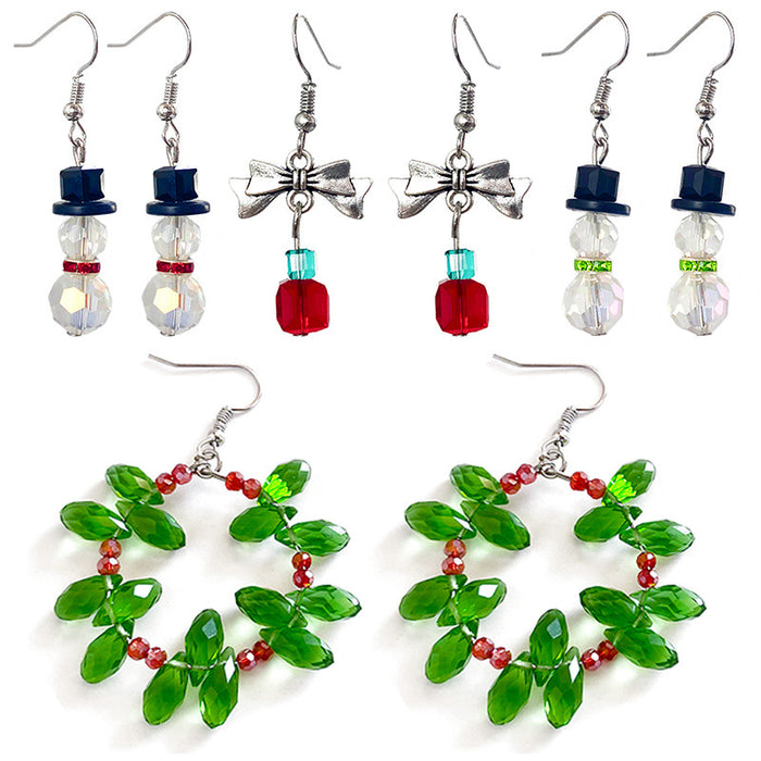 Christmas Crystal Earrings with Snowman, Mistletoe, and Wreath Designs