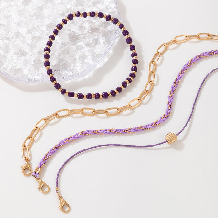 Bohemian-Style Shell and Beaded Multi-Layer Anklet Set