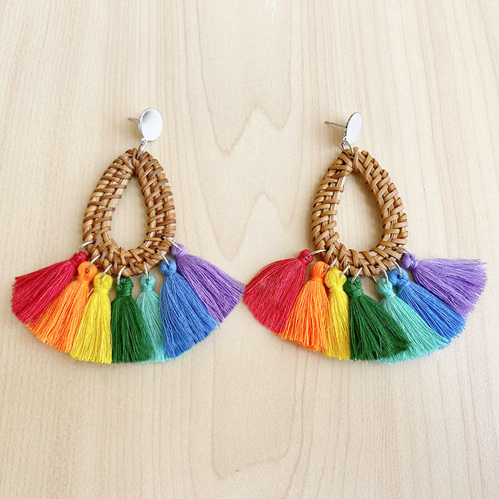 Handmade Woven Rainbow Tassel Earrings with Summer Vacation Style