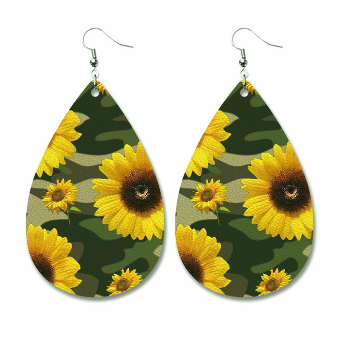 PU Leather Teardrop Earrings with Buffalo Plaid and Sunflower Print