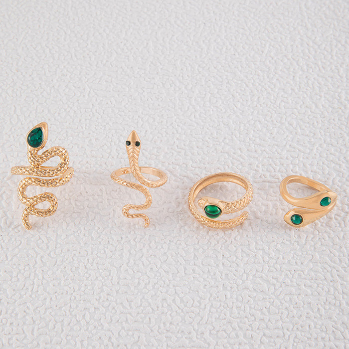 Snake Shape Diamond Gemstone Vintage Four-Piece Ring Set