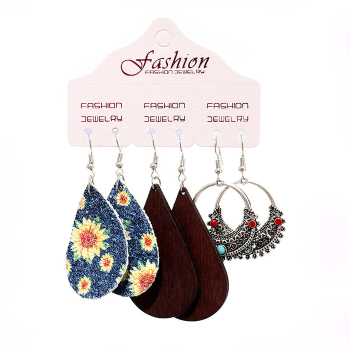 Bohemian Leather and Wood Earrings with Vintage Ethnic Style