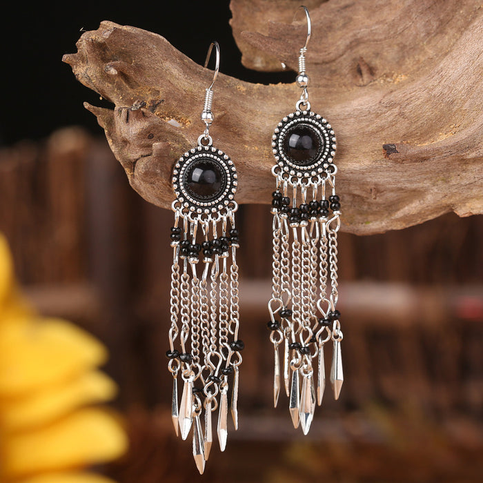 Bohemian Turquoise Ethnic Tassel Earrings with Metal Chain Design