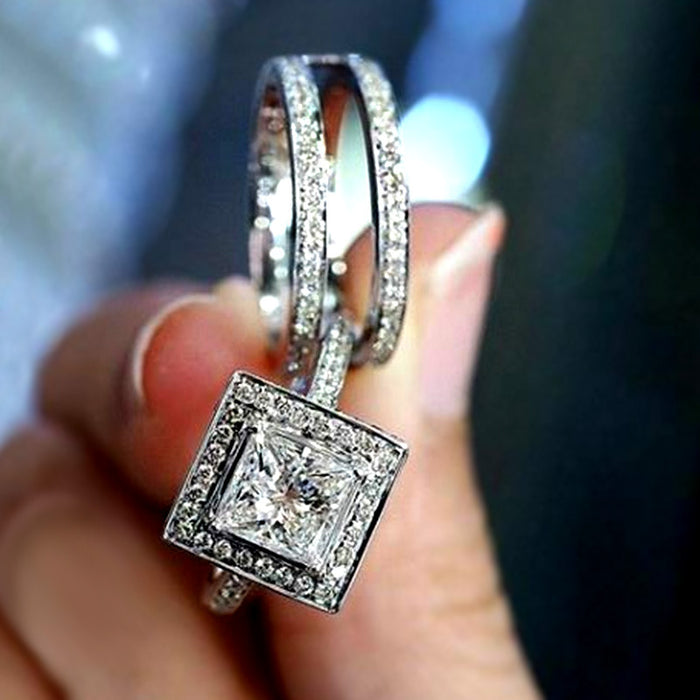 Creative two-in-one square zircon couple rings for men and women