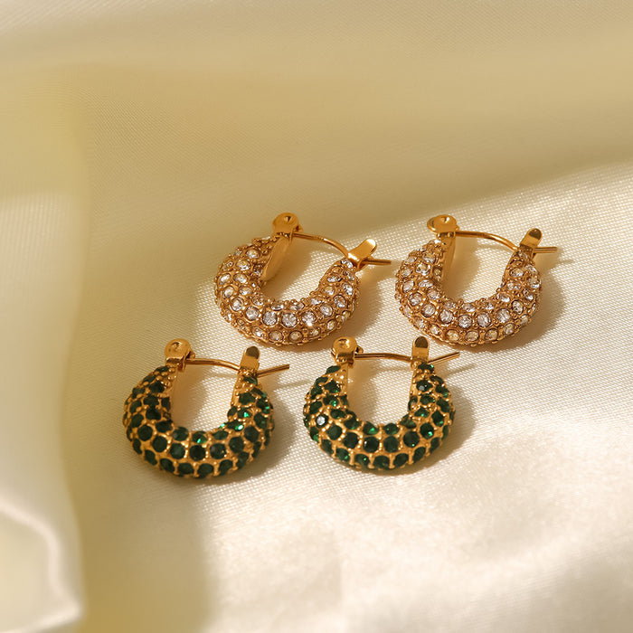 French Style New Fashionable Hoop Earrings - 18K Gold Plated Stainless Steel Green/White Square Zircon Jewelry