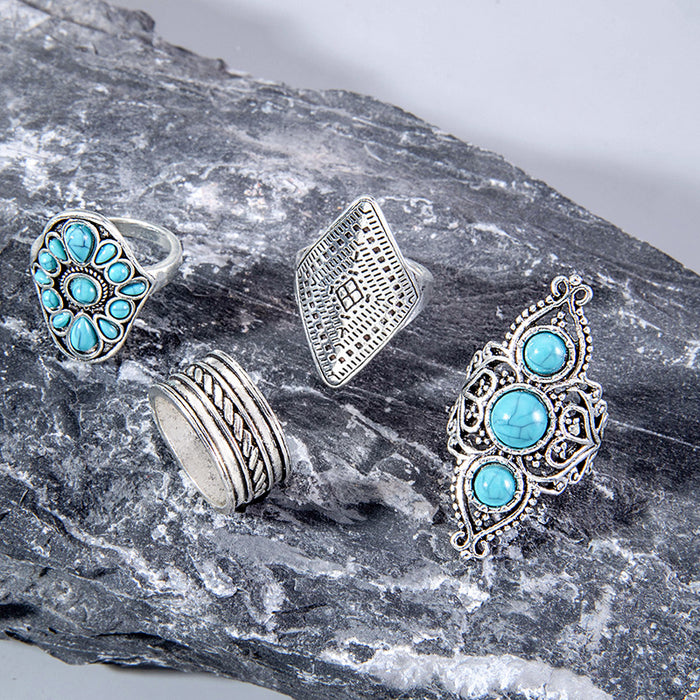 Vintage Turquoise Ring Set - 4pcs Ethnic Style Wheat Pattern Rings