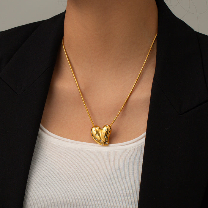 18K Gold-Plated Stainless Steel Heart Pendant Necklace with White Diamond Inlay