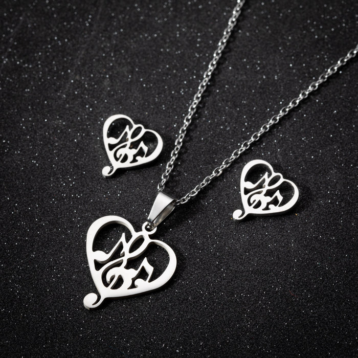 Geometric heart-shaped earrings and necklace set, stainless steel hollow musical note jewelry new wholesale