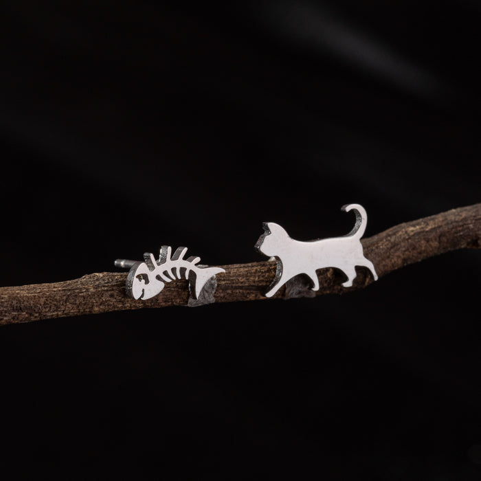 Cat and Fishbone Asymmetric Stud Earrings - Cute and Playful Animal Jewelry