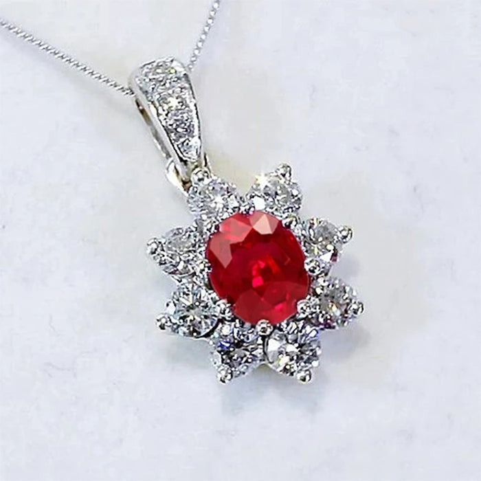 Flower Pendant Necklace Red Zircon Geometric Necklace