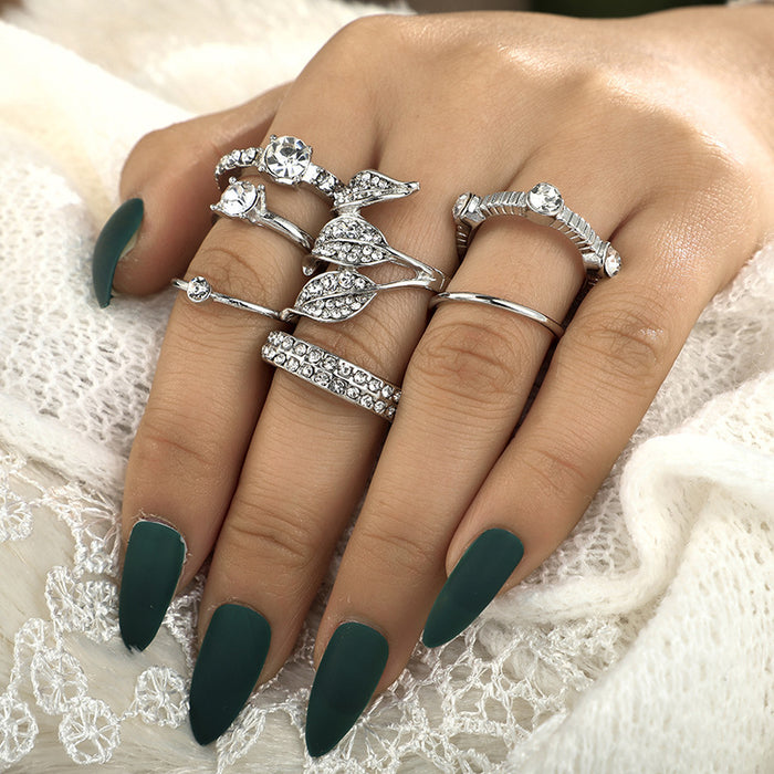 Silver flower geometric cold style ring multi-piece set