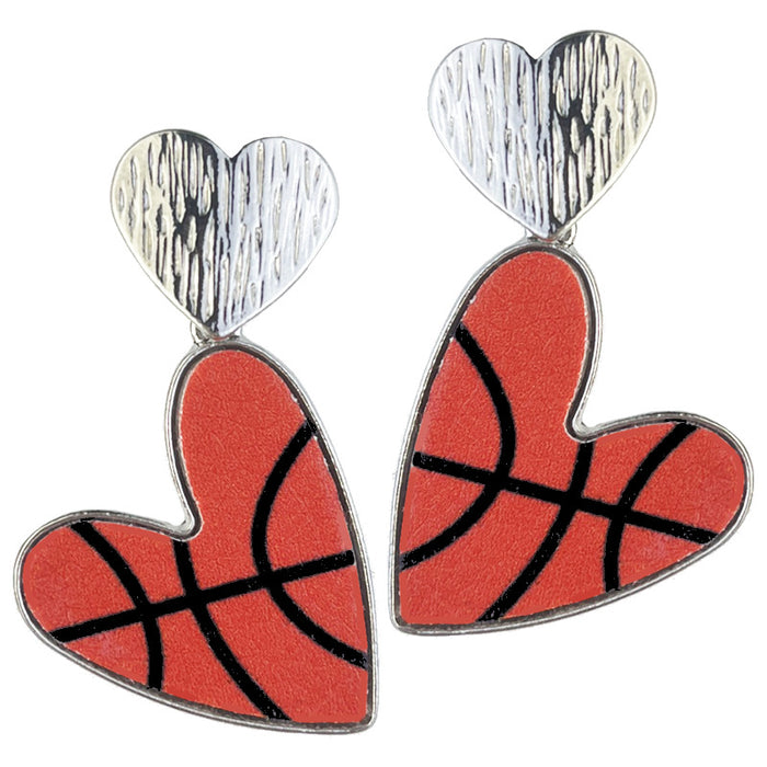 Metal Football Heart Earrings with Sports Ball Leather Design